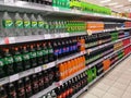 Klang, Malaysia - 10 July 2020 :ÃÂ Line or row plastic bottles soft drinks display for sell in the supermarket.